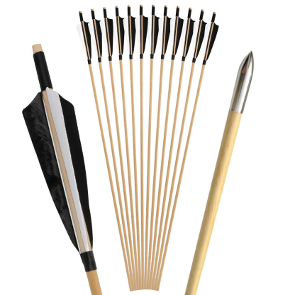 32-Inch Traditional Wooden Arrows with 5" Shield Feathers (12pcs)